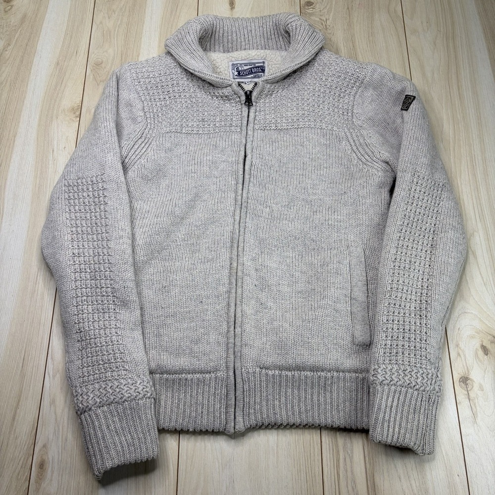 SCHOTT BROS Sherpa Lined Thick Wool Sweater Mens S Gray Full Zip Shawl Collar